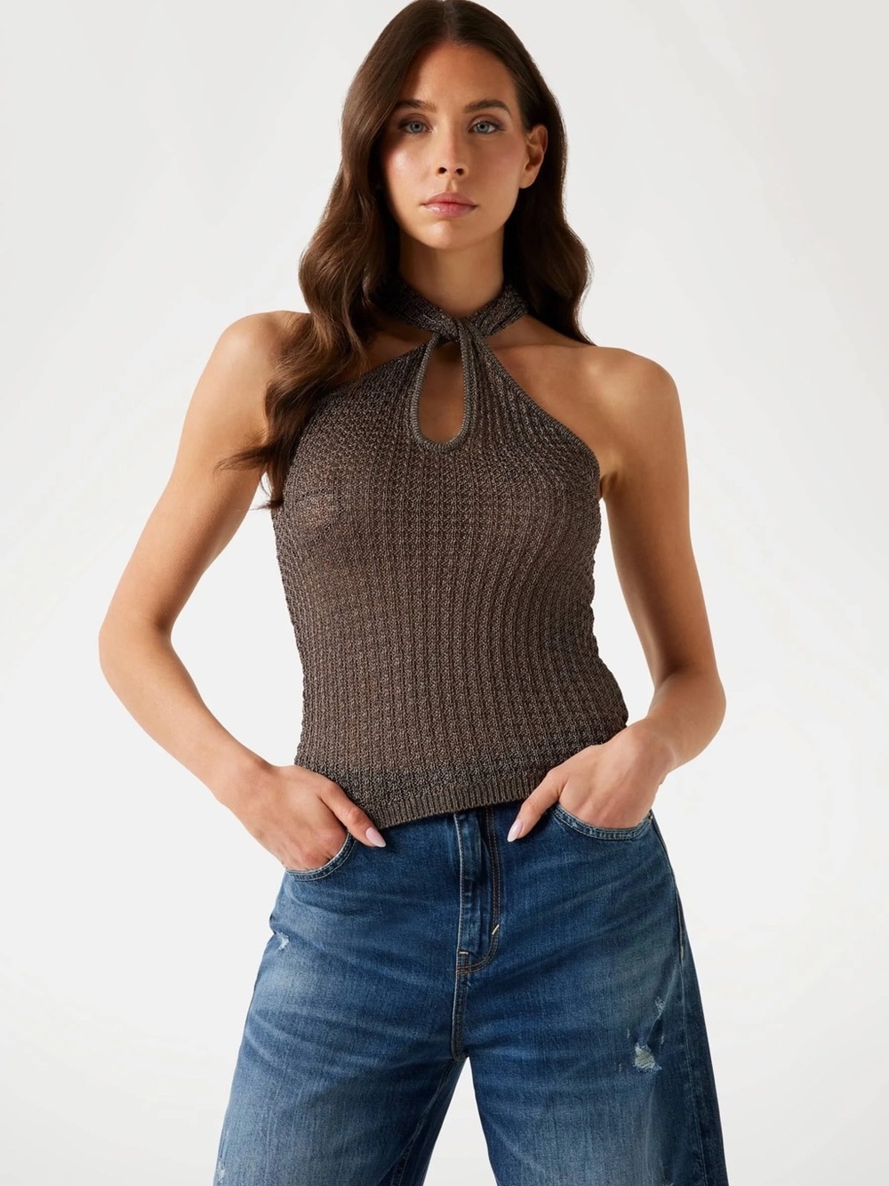 Guess Brown Knit Keyhole Halter Tank